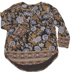 Lucky Brand Womens  M  Blouse Floral Button V Neck Shirt 3/4 Sleeve Boho Top